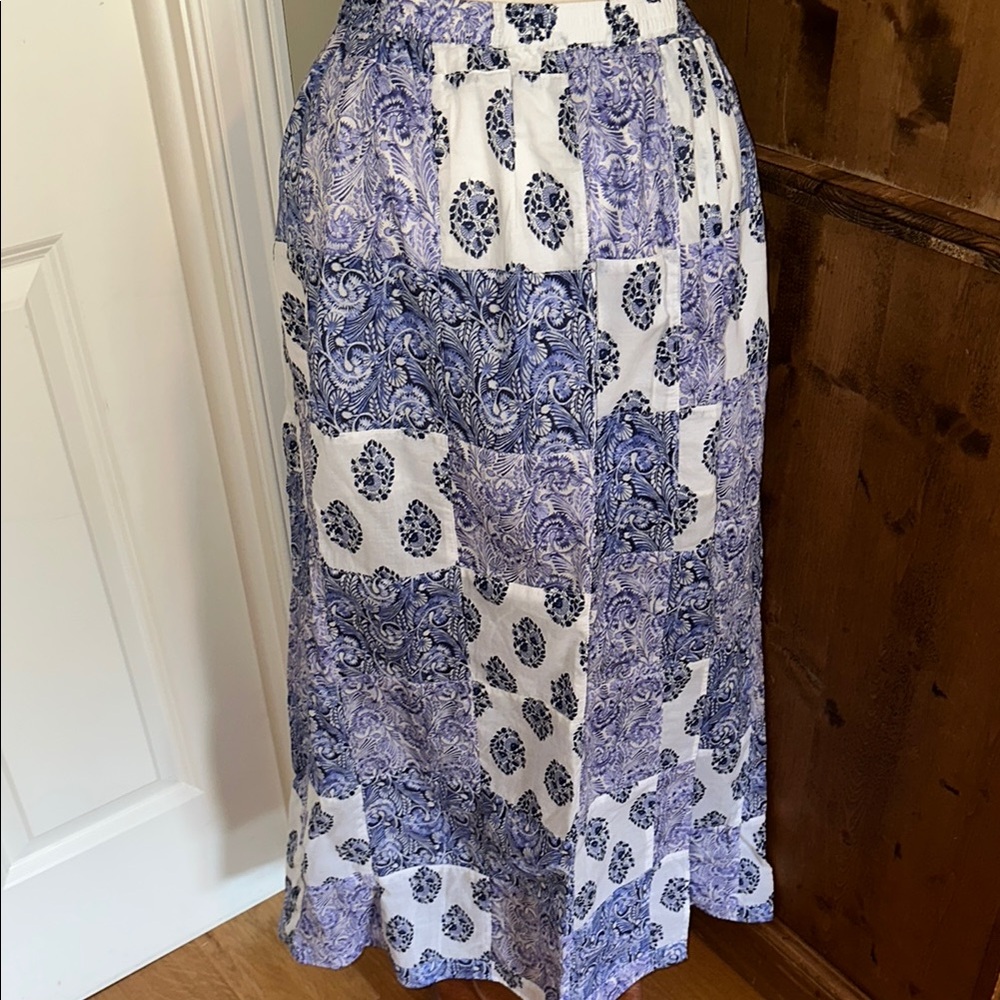 J. Crew White and Blue Tiered Midi Skirt Resort Wear